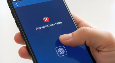 Photo of a close up of a hand holding a smartphone showing a fingerprint login failure message on the screen