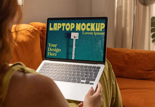 Mockup of a screen Laptop on a Cozy Couch