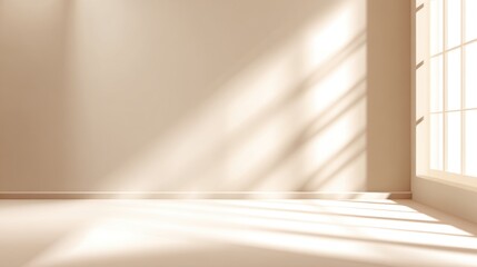 Fototapeta premium Serene interior space with soft sunlight streaming through large windows, creating warm shadows on the wall