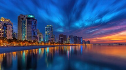 Fototapeta premium Stunning sunset over a vibrant city skyline with reflections on calm waters, showcasing urban beauty