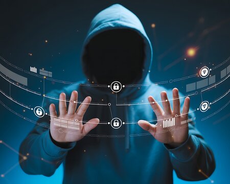 Anonymous hacker in a hooded sweatshirt interacting with a digital interface