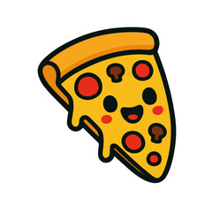 Colorful cartoon vector of a smiling cheesy pizza slice topped with pepperoni and mushrooms. Ideal for restaurant menus, pizzeria branding, stickers, and fun food design projects.