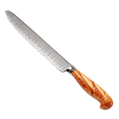  A serrated knife featuring a stylish wooden handle designed for precise slicing and cutting in culinary tasks. Ideal for home cooks and professionals.