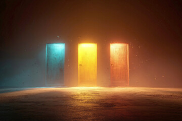 Three Glowing Wooden Doors at Life&rsquo;s Crossroads Symbolizing Choice and Uncertainty