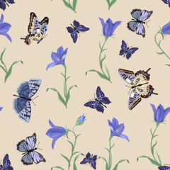 Seamless vector illustration featuring field bells and butterflies, perfect for decorating textiles and packaging.