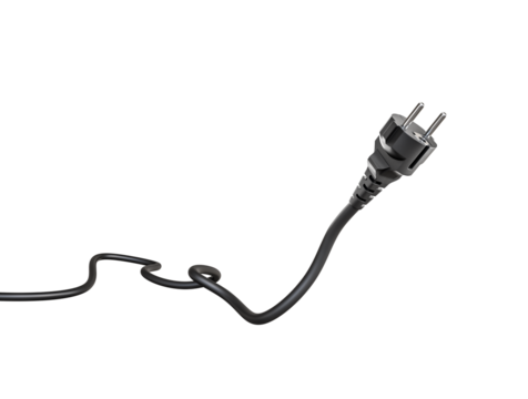 Power Plug Silhouette: An isolated, high-angle view showcases a black power plug and its cable against an unobstructed backdrop.