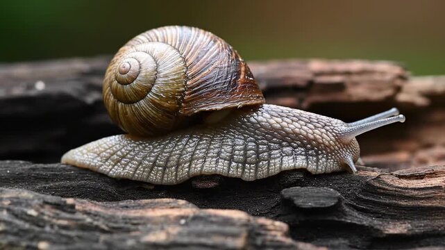 Snail crawling on weathered wood: graceful slowmotion nature exploration