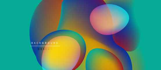 Abstract colorful shapes overlap, creating vibrant gradients. Turquoise background complements warm tones. Design elements suggest fluidity, motion.
