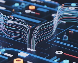 Abstract digital network flow with glowing lines and circuit board elements