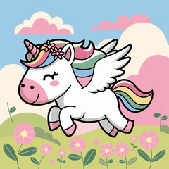 Flying kawaii unicorn with flower crown over pastel landscape – Great for children's books, fantasy branding, or whimsical merchandise