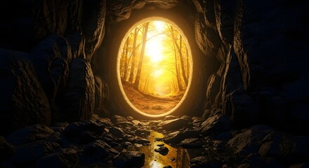 Mysterious glowing orb illuminates dark rocky cavern entrance with ethereal light