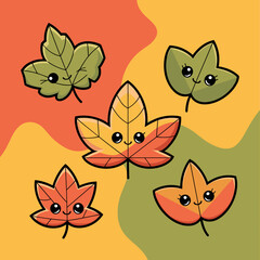Fototapeta premium Kawaii autumn leaves illustration with expressive faces on orange-yellow-green pastel background