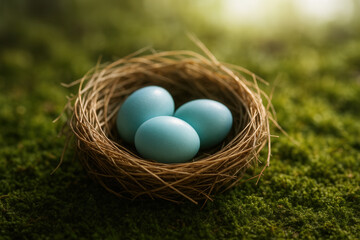 Obraz premium Bird Nest With Three Blue Eggs on Moss, Spring Symbol of New Life