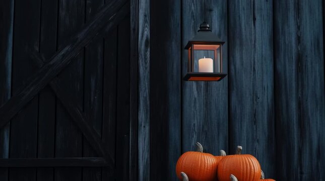Rustic lanterns glow warmly, illuminating vibrant stack of pumpkins against dark wooden backdrop, creating cozy autumn atmosphere
