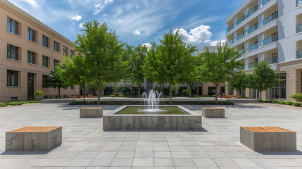 A modern courtyard scene features a square water fountain, surrounded by stone paving and benches, and traditional buildings, framed by lush green trees and a blue sky.