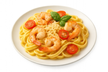 Photo of delicious shrimp pasta with fresh tomatoes and basil, seasoned with cheese and herbs, served on a white plate, isolated on a transparent background, a gourmet italian dish