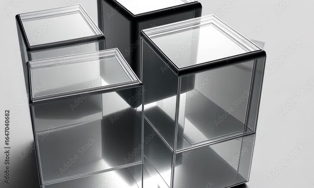 Poster artistic modern design transparent glass boxes and geometric cubes reflecting light, creating elegan