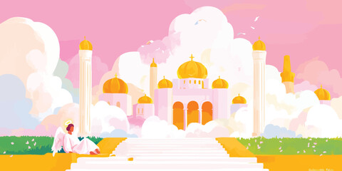Fototapeta premium An enchanting illustration of a heavenly palace, embraced by fluffy clouds, and bathed in radiant sunlight, offering a serene and mystical panorama.
