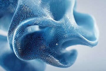 Abstract blue mesh texture swirling in a soft light, creating a fluid and dynamic visual effect