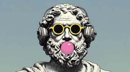 Statue wearing headphones and sunglasses blowing bubble gum on blue background.