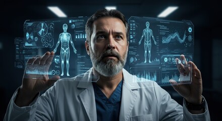 Doctor Examining Futuristic Medical Holograms in a Lab Setting.