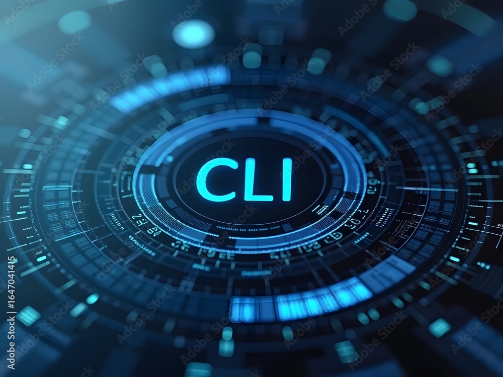 Poster abstract futuristic cli interface design features vibrant blue hues and glowing digital elements, ho