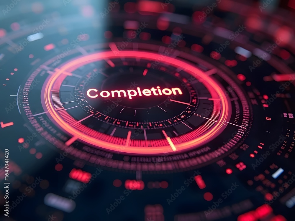 Aufkleber futuristic red and black digital interface displays the word completion, horizontal composition. thi