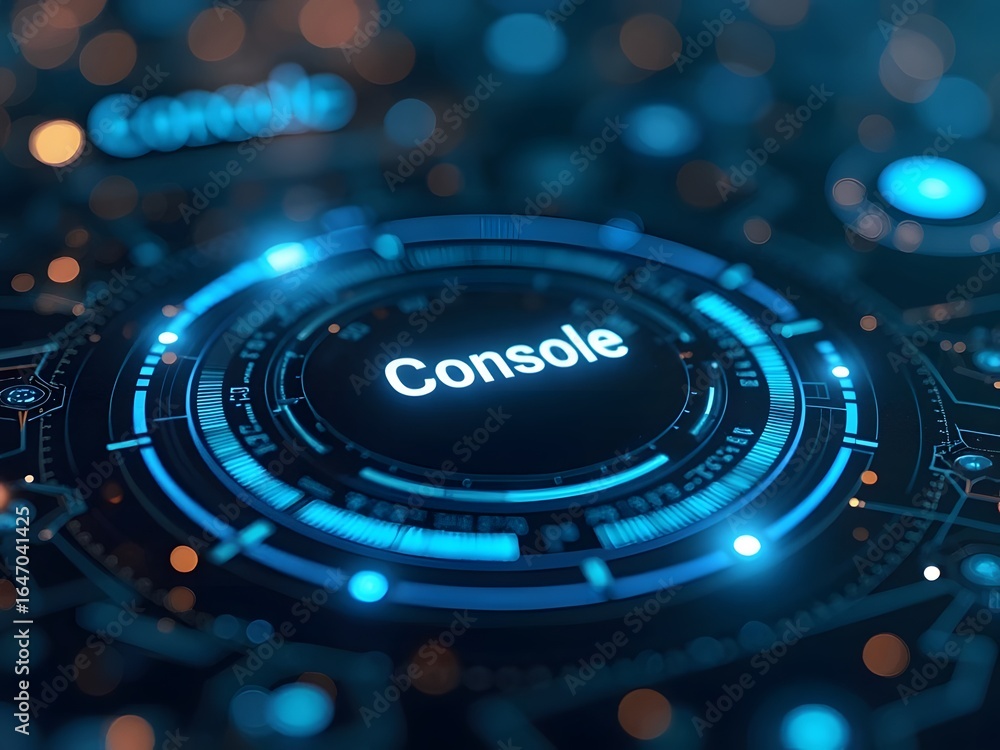 Poster futuristic blue console interface glows brightly, showcasing technological advancement, horizontal c