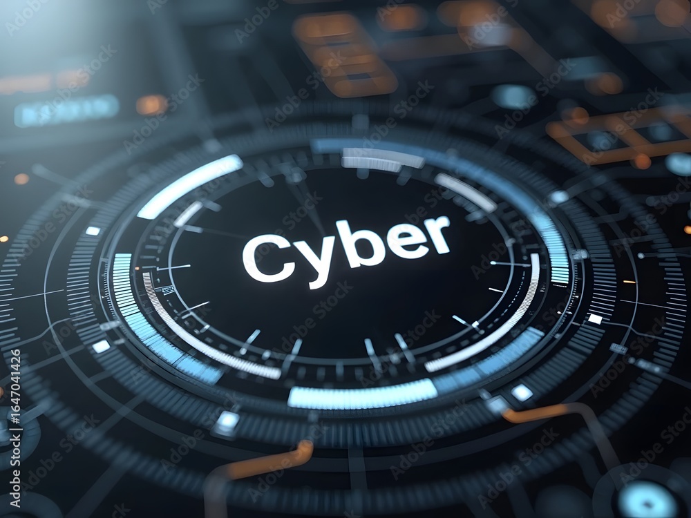 Poster cybersecurity interface with glowing blue and orange accents, horizontal composition. a futuristic d