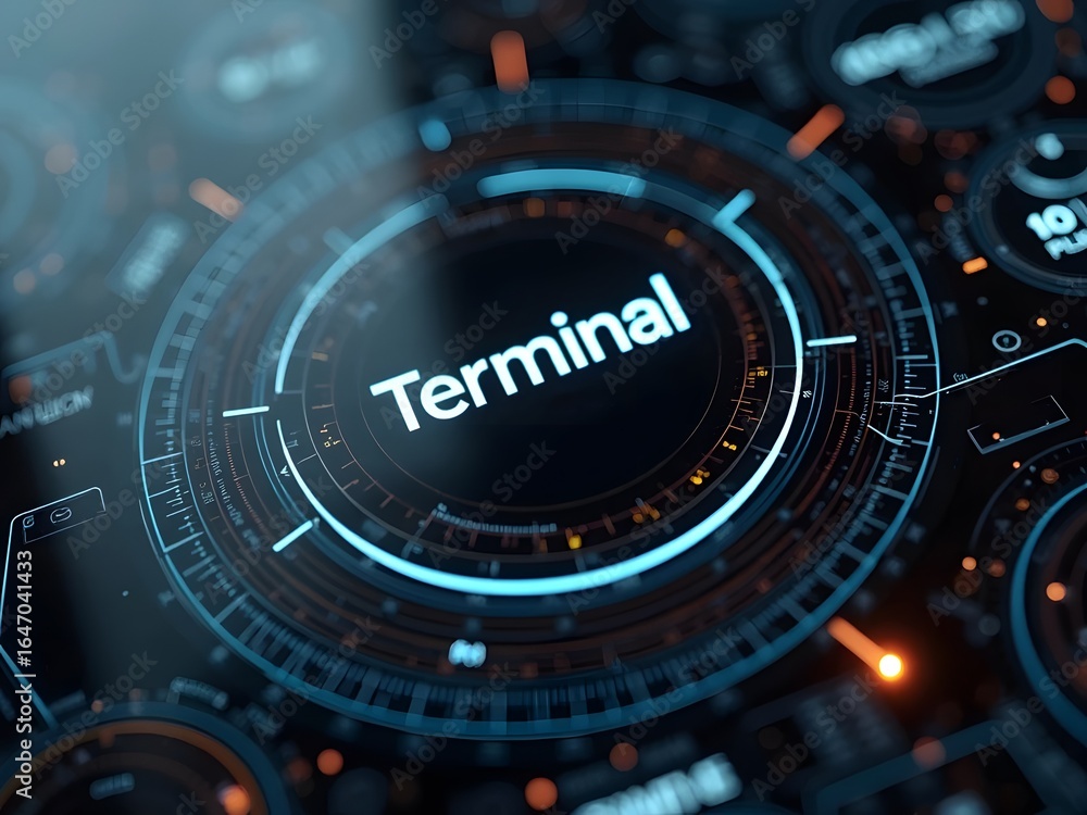 Poster a futuristic interface design features a central glowing word terminal surrounded by concentric circ