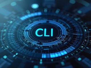 Abstract futuristic CLI interface design features vibrant blue hues and glowing digital elements, horizontal composition. Its concentric circles and technological details.