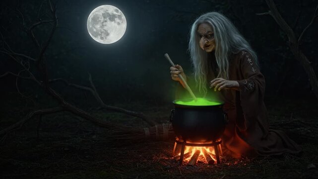 A Mysterious Witch Brews a Potion Under the Full Moon, Surrounded by Dark Woods, as Her Cauldron Glows with an Enigmatic Green Light