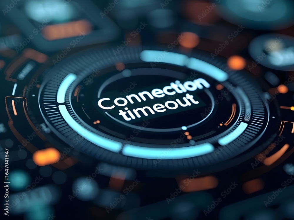 Aufkleber futuristic interface design showcases a vibrant connection timeout message, horizontal composition. 