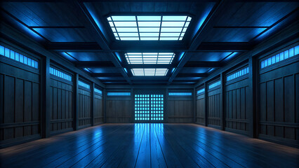 A futuristic room with blue lighting and a grid pattern on the back wall and ceiling panels in a dark style