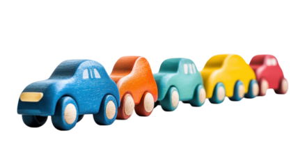 Brightly colored wooden cars are arranged in a row, showcasing playful designs and vibrant hues