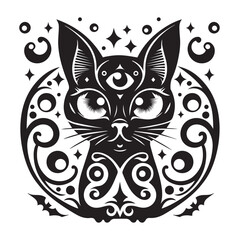 Silhouette of a mystical cat with decorative elements and a third eye