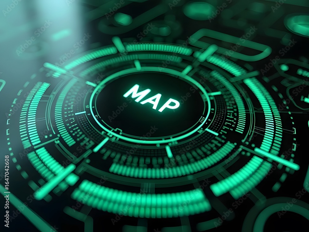 Poster neon green digital map interface glows in the dark, horizontal composition. its circular design and 