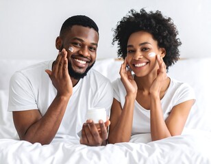 Smiling couple applying skincare cream, enjoying a relaxing morning routine together.