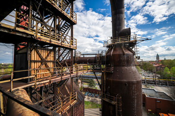 Abandoned Heavy Industrial Ruins with Large Blast Furnace in Steelworks