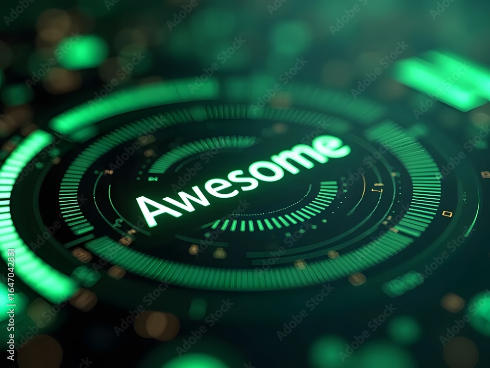 Poster vibrant green hues illuminate the word awesome within a futuristic circular interface, horizontal co