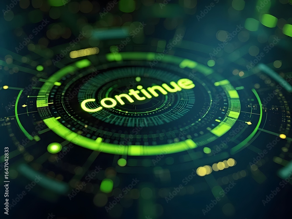 Poster green glowing digital interface displays the word continue, horizontal composition. this futuristic 
