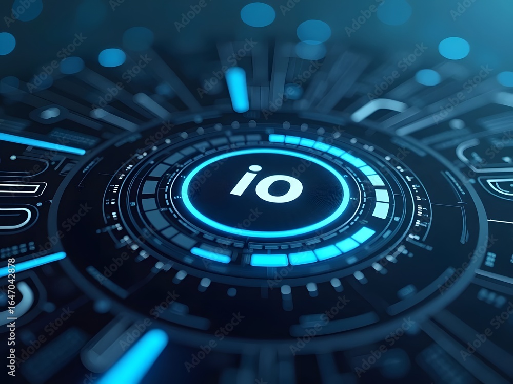 Poster futuristic blue and black tech interface design with a central word io , horizontal composition. the