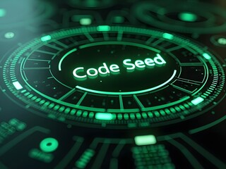 Futuristic green glowing Code Seed design, a vibrant technological background perfect for digital projects needing a modern feel, horizontal composition.