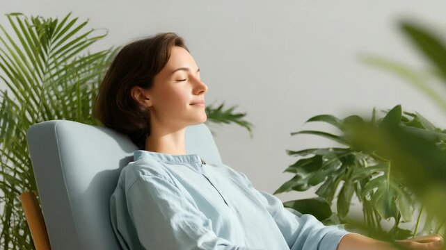 A woman enjoys a moment of tranquility in a sunlit room, surrounded by lush greenery. She sits comfortably in a chair, taking time to unwind and reflect.