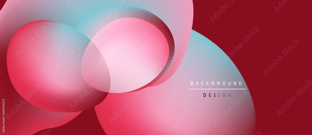 Poster abstract shapes overlap, creating soft gradients. red dominates background with blue, pink accents. 