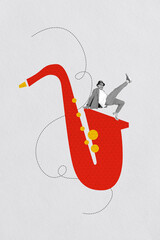 Composite 3D collage trend artwork design of young man style dance big saxophone music instrument...