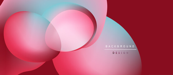 Abstract shapes overlap, creating soft gradients. Red dominates background with blue, pink accents. Modern design element.