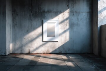White picture frame on concrete wall with sunlight, interior mockup