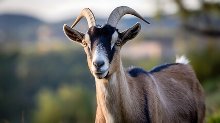 Fototapeta premium A majestic goat with horns grazing in the open field.