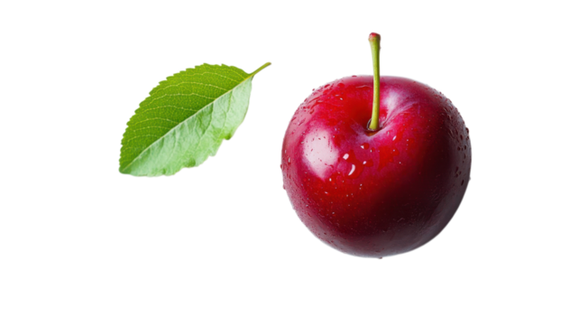 A vibrant red apple with a glossy surface and a green leaf, glistening with moisture on a white background